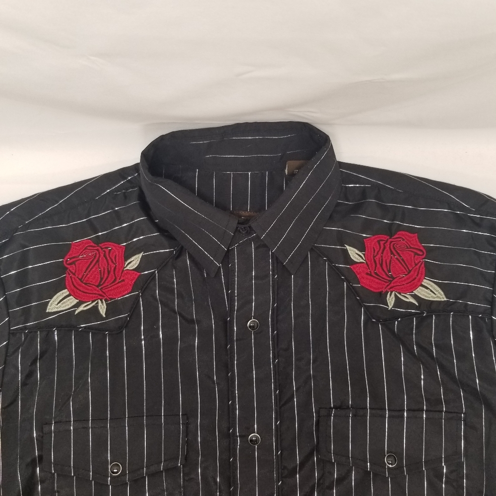 Roper Men Sz L Western Snap Pearl Shirt Black Silver Metallic Stripe Rodeo - Picture 6 of 14